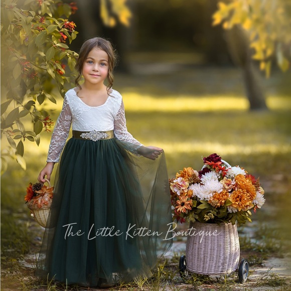 Olive Green tulle flower girl dress, Fall Flower Girl Dress, rustic lace, boho - Picture 4 of 11